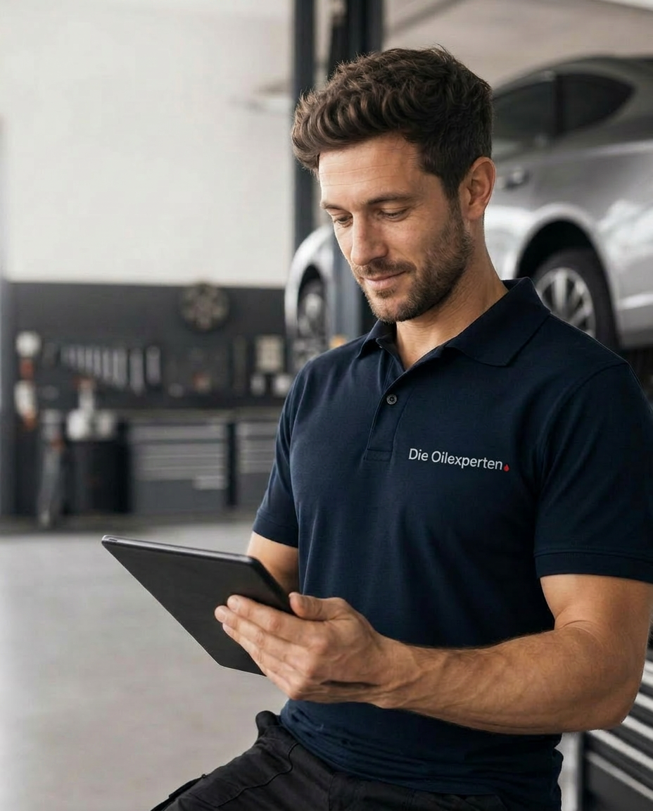 Oilexperten-Mitarbeiter zeigt den digitalen Servicenachweis auf dem Tablet in der Werkstatt